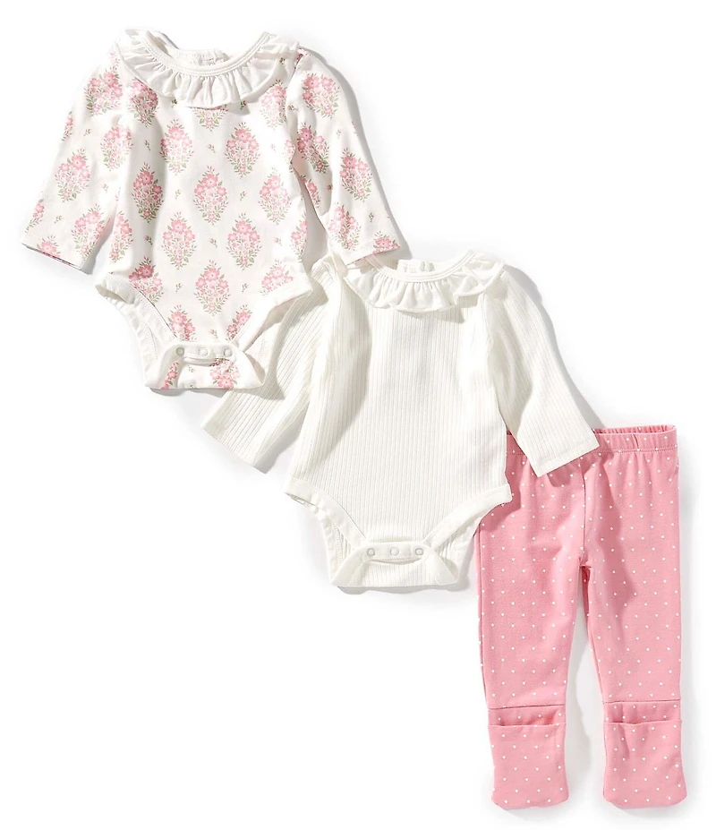 Little Me Baby Girls Long Sleeve Floral & Solid Bodysuit 3-Piece Pants Set
