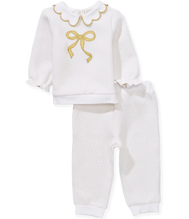 Little Me Baby Girls Long-Sleeve Metallic-Bow-Motif Double-Knit Top & Matching Double-Knit Jogger Pants Set