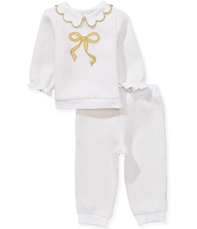 Little Me Baby Girls Long-Sleeve Metallic-Bow-Motif Double-Knit Top & Matching Double-Knit Jogger Pants Set