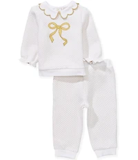 Little Me Baby Girls Long-Sleeve Metallic-Bow-Motif Double-Knit Top & Matching Double-Knit Jogger Pants Set