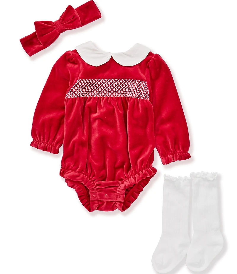 Little Me Baby Girls Long-Sleeve Smocked Velour Bodysuit Headband & Socks Set