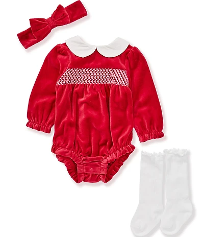 Little Me Baby Girls Long-Sleeve Smocked Velour Bodysuit Headband & Socks Set