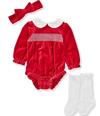 Little Me Baby Girls Long-Sleeve Smocked Velour Bodysuit Headband & Socks Set