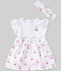 Little Me Baby Girls Organic Cotton Flutter-Sleeve Dotted/Cherry-Printed Skirted Bodysuit