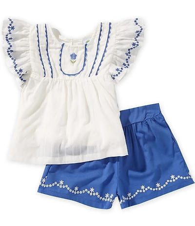 Little Me Baby Girls Organic Cotton Flutter-Sleeve Embroidered Top & Border-Hem Linen-Blend Shorts