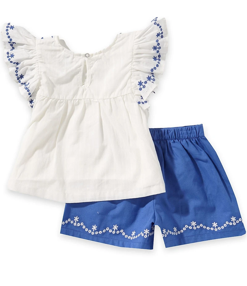 Little Me Baby Girls Organic Cotton Flutter-Sleeve Embroidered Top & Border-Hem Linen-Blend Shorts
