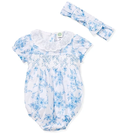 Little Me Baby Girls Short Sleeve Cotton Eyelet-Embroidered Ruffled Collar Smocked Floral-Printed Bodysuit and Bow Headband Set