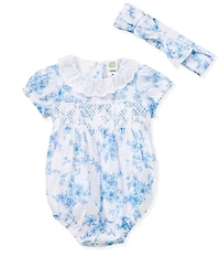 Little Me Baby Girls Short Sleeve Cotton Eyelet-Embroidered Ruffled Collar Smocked Floral-Printed Bodysuit and Bow Headband Set