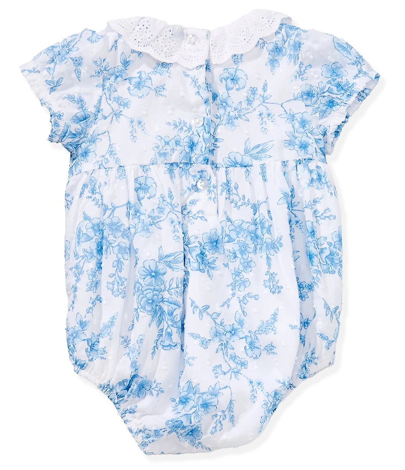 Little Me Baby Girls Short Sleeve Cotton Eyelet-Embroidered Ruffled Collar Smocked Floral-Printed Bodysuit and Bow Headband Set