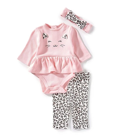 Little Me Baby Girls Short Sleeve Leopard Bodysuit And Pants 2-Piece Set With Headband