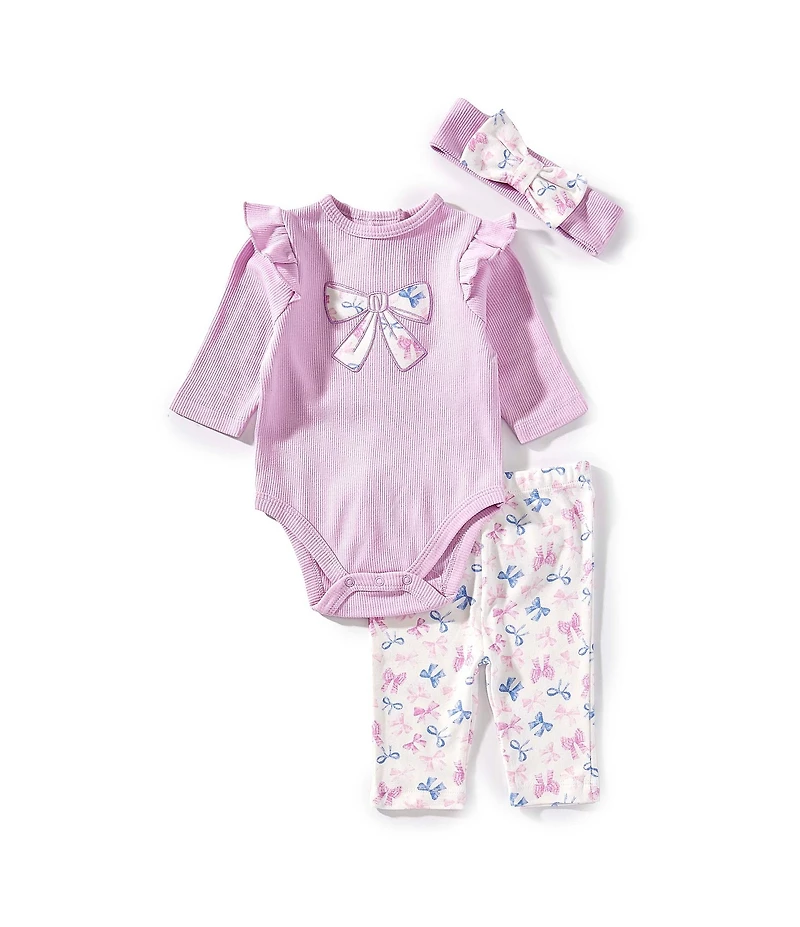 Little Me Baby Girls Short Sleeve Pretty Bows Print Bodysuit And Pants With Headband Set