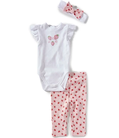 Little Me Baby Girls Strawberry Bodysuit & Printed Leggings With Headband 3-Piece Set