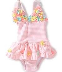 Little Me Little Me Baby Girls 3 Dimensional Flower Stripe Ruffle One-Piece Swimsuit
