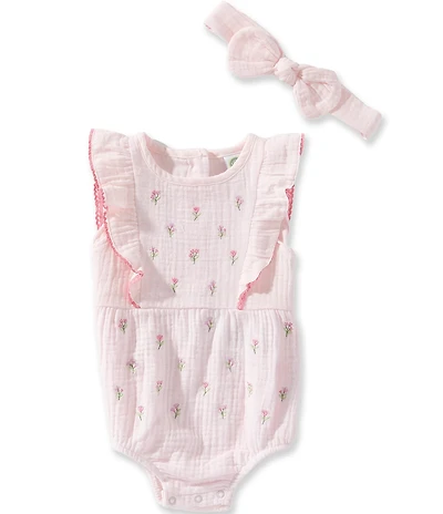 Little Me Baby Girls Woven Cotton Ruffle Flutter Sleeve Embroidered Flowers Bodysuit & Headband Set