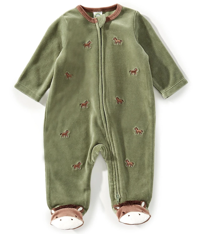 Little Me Baby Horse Print Zip Velour Footie