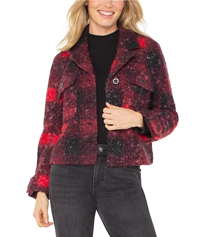 Liverpool Los Angele Sherpa Plaid Print Notch Collar Long Sleeve Shacket