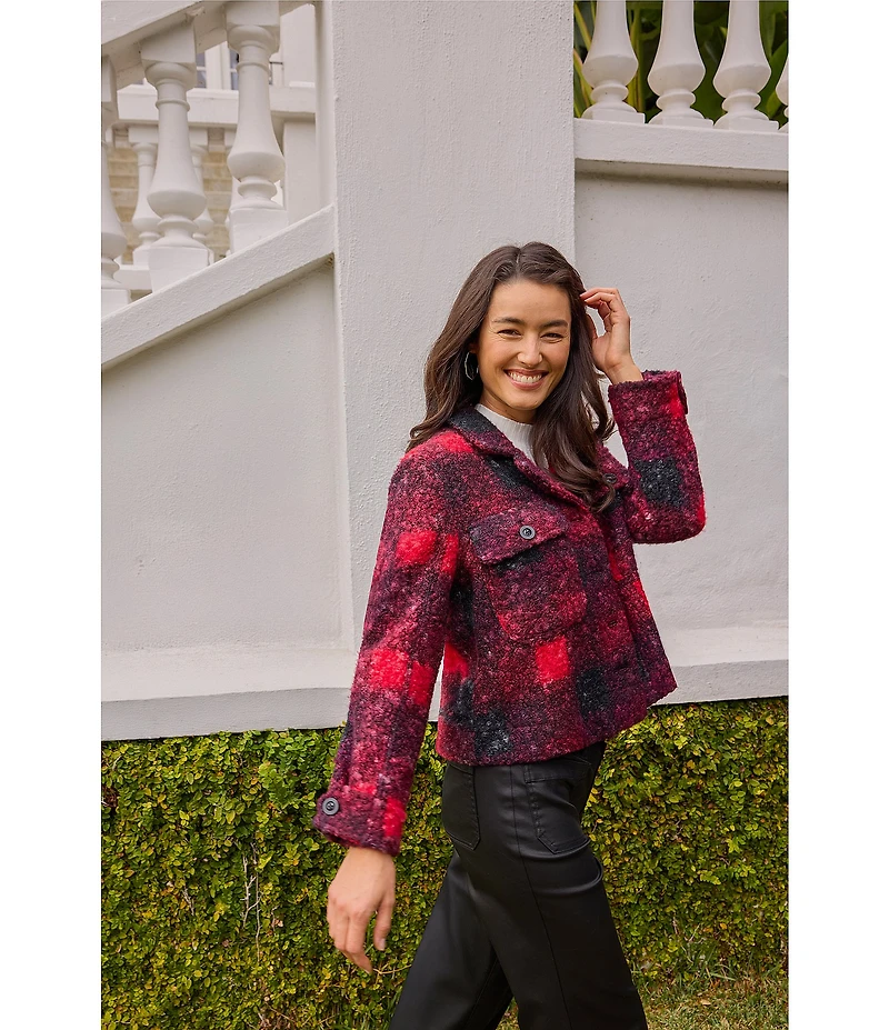 Liverpool Los Angele Sherpa Plaid Print Notch Collar Long Sleeve Shacket