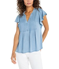 Liverpool Los Angeles Woven Pintuck Split V-Neck Flutter Cap Sleeve Top