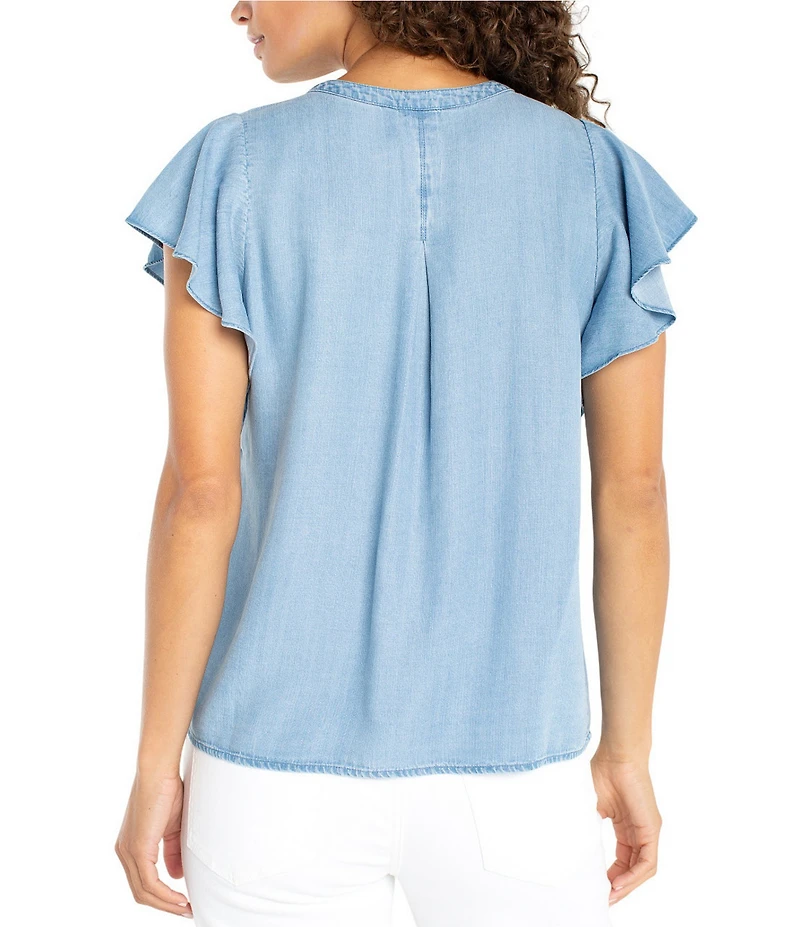 Liverpool Los Angeles Woven Pintuck Split V-Neck Flutter Cap Sleeve Top