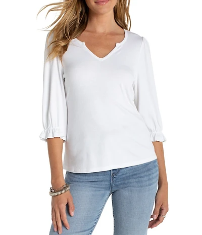 Liverpool Los Angeles Baby Rib Knit V-Neck Elbow Sleeve Tee Top