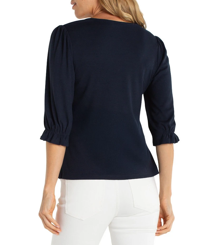 Liverpool Los Angeles Baby Rib Knit V-Neck Elbow Sleeve Tee Top