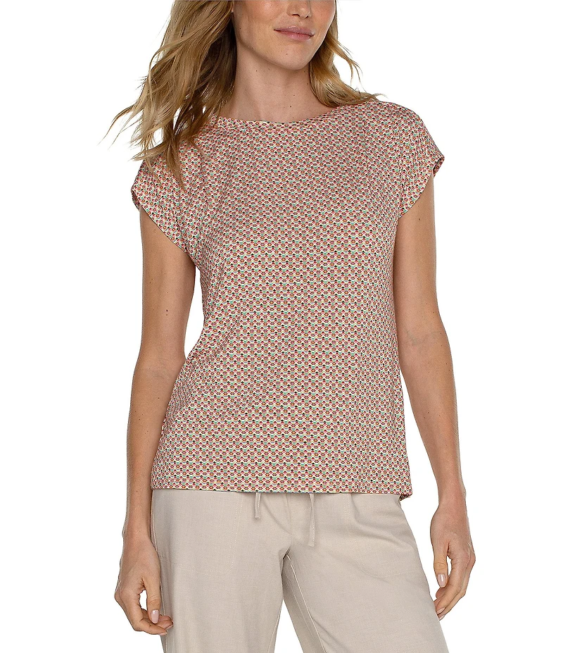 Liverpool Los Angeles Boat Neck Short Dolman Sleeve Geometric Print Knit Top