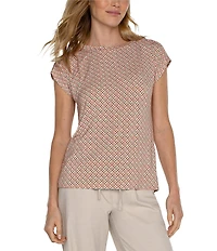 Liverpool Los Angeles Boat Neck Short Dolman Sleeve Geometric Print Knit Top