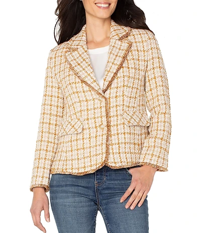 Liverpool Los Angeles Boucle Plaid Print Notch Collar Long Sleeve Blazer