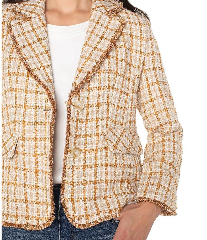 Liverpool Los Angeles Boucle Plaid Print Notch Collar Long Sleeve Blazer