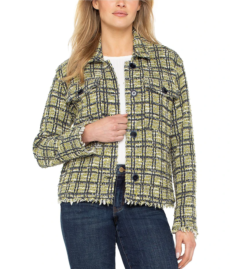 Liverpool Los Angeles Boucle Point Collar Long Sleeve Frayed Hem Cargo Shacket