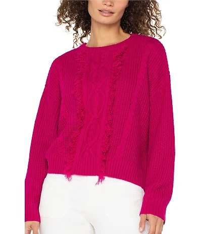 Liverpool Los Angeles Cable Knit Fringe Crew Neck Long Sleeve Sweater