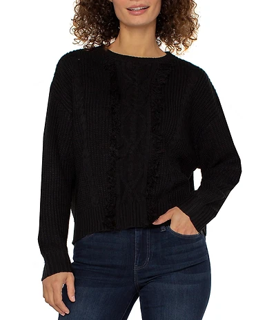 Liverpool Los Angeles Cable Knit Fringe Crew Neck Long Sleeve Sweater
