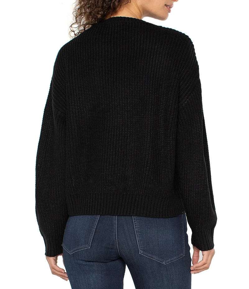 Liverpool Los Angeles Cable Knit Fringe Crew Neck Long Sleeve Sweater