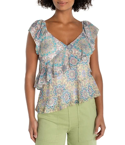 Liverpool Los Angeles Chiffon Floral Print V-Neck Flutter Sleeve Top