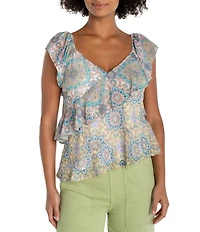 Liverpool Los Angeles Chiffon Floral Print V-Neck Flutter Sleeve Top