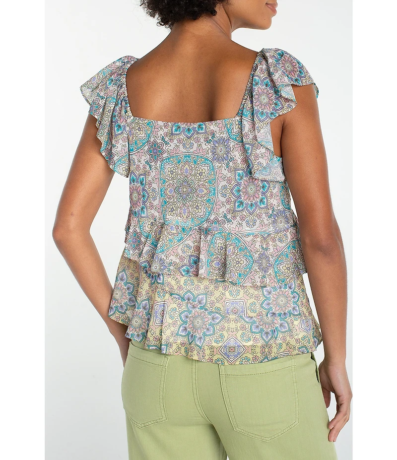 Liverpool Los Angeles Chiffon Floral Print V-Neck Flutter Sleeve Top