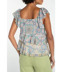 Liverpool Los Angeles Chiffon Floral Print V-Neck Flutter Sleeve Top