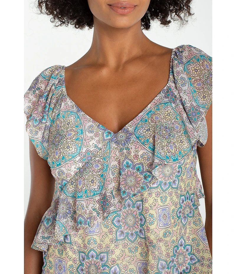 Liverpool Los Angeles Chiffon Floral Print V-Neck Flutter Sleeve Top
