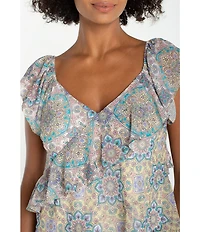 Liverpool Los Angeles Chiffon Floral Print V-Neck Flutter Sleeve Top
