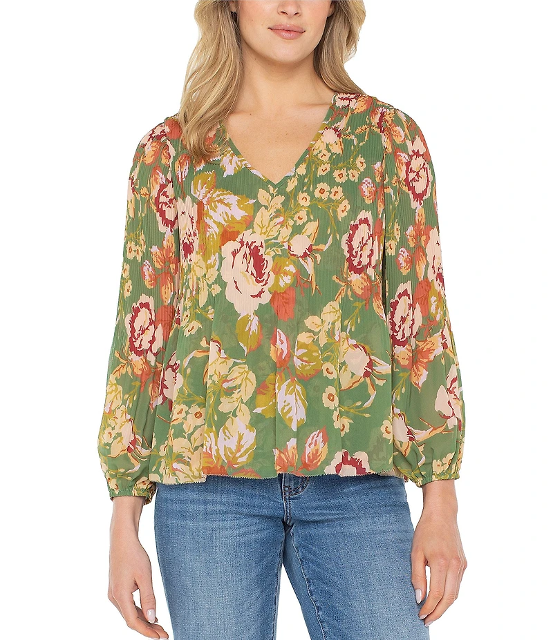 Liverpool Los Angeles Chiffon Floral Print V-Neck Long Sleeve Pleated Top