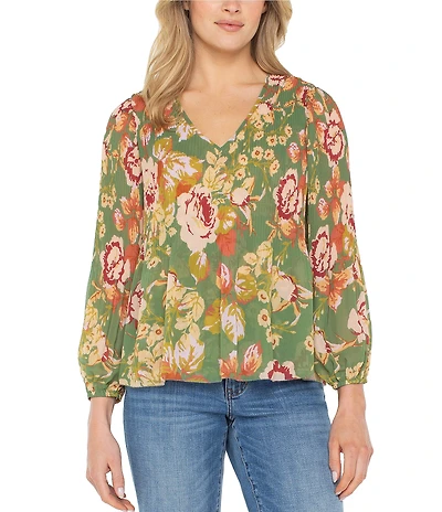 Liverpool Los Angeles Chiffon Floral Print V-Neck Long Sleeve Pleated Top