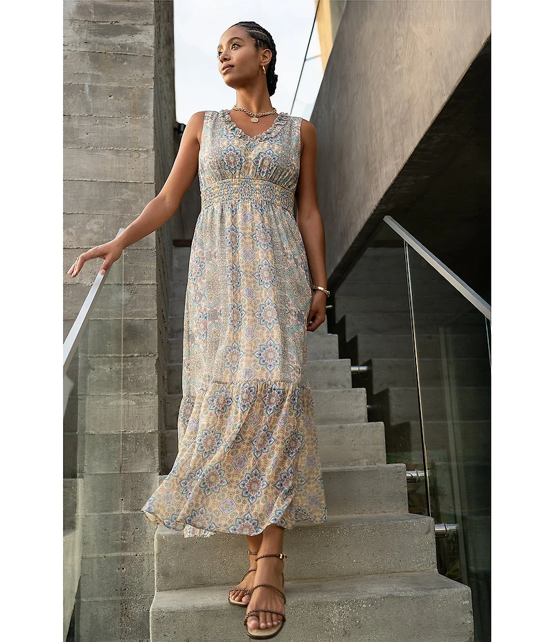 Liverpool Los Angeles Chiffon Printed V-Neck Sleeveless Maxi Dress