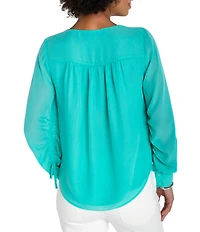 Liverpool Los Angeles Chiffon V-Neck Long Buton Cuff Sleeve Gathered Tie Blouse