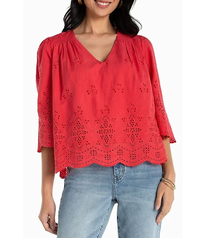 Liverpool Los Angeles Cotton Embroidered Eyelet V-Neck 3/4 Sleeve Scallop Edge Top