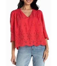 Liverpool Los Angeles Cotton Embroidered Eyelet V-Neck 3/4 Sleeve Scallop Edge Top