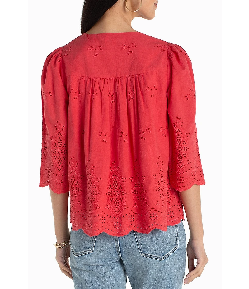 Liverpool Los Angeles Cotton Embroidered Eyelet V-Neck 3/4 Sleeve Scallop Edge Top