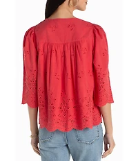 Liverpool Los Angeles Cotton Embroidered Eyelet V-Neck 3/4 Sleeve Scallop Edge Top