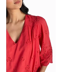 Liverpool Los Angeles Cotton Embroidered Eyelet V-Neck 3/4 Sleeve Scallop Edge Top