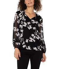 Liverpool Los Angeles Crepe Georgette Floral Print V-Neck Tassel Tie Long Sleeve Blouse