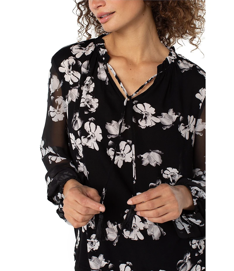 Liverpool Los Angeles Crepe Georgette Floral Print V-Neck Tassel Tie Long Sleeve Blouse